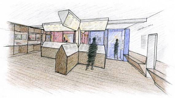 Architekturzeichnung des Ateliers Erich Hackel: Blick in den ersten Raum der Abteilung Typisch Kaufbeuren, in dem die Bikonfessionalität in der Stadt dargestellt ist.