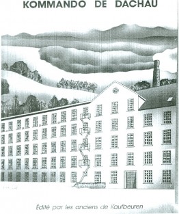 Zeichnung der KZ-Außenstelle Kaufbeuren mit der Überschrift &quot;Kommando Kaufbeuren&quot;. Darauf ein großes Haus mit vielen vergitterten Fenstern
