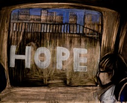 Zeichnung: Ein Junge sitzt am Zugfenster. Hochhäuser und der Schriftzug HOPE auf einer Mauer ziehen an ihm vorbei.