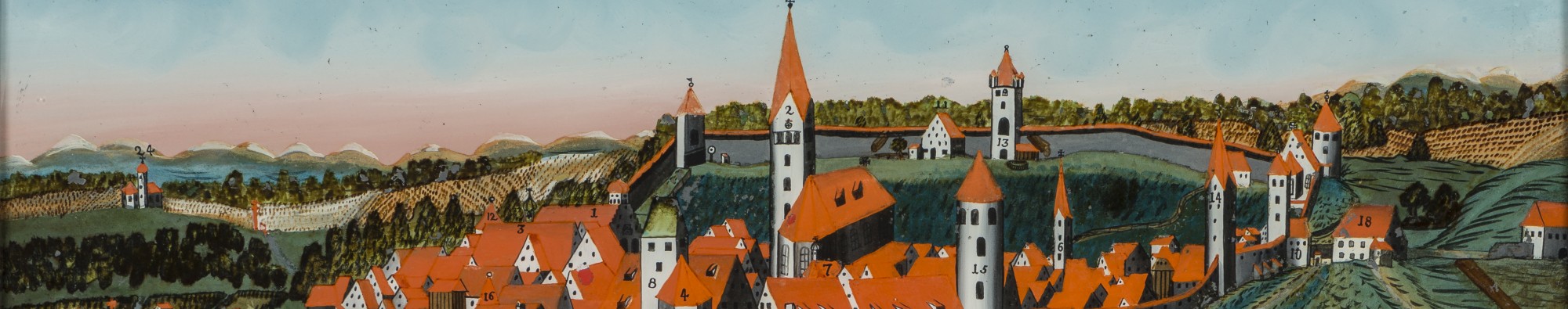 Ausschnitt eines Hinterglasbildes: Die Stadt Kaufbeuren früher mit Stadtmauer
