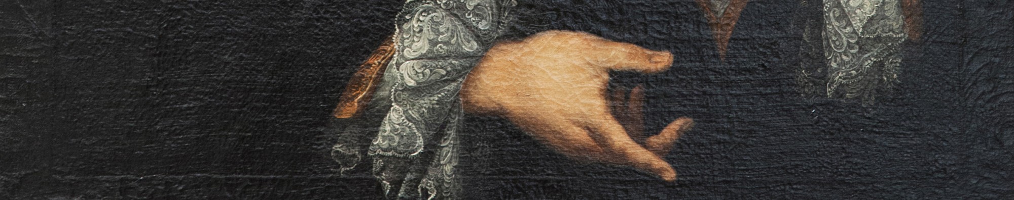 Ausschnitt eines Gemäldes: Eine Hand und altmodische Kleidung sind zu sehen.