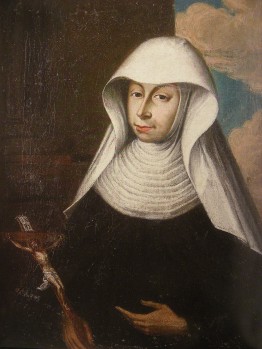 Portrait der Crescentia: Mittig eine eher junge Frau in Nonnentracht und Kopftuch. In der Hand hält sie ein Kreuz. Im Hintergrund ein Haus und der bewölkte Himmel.
