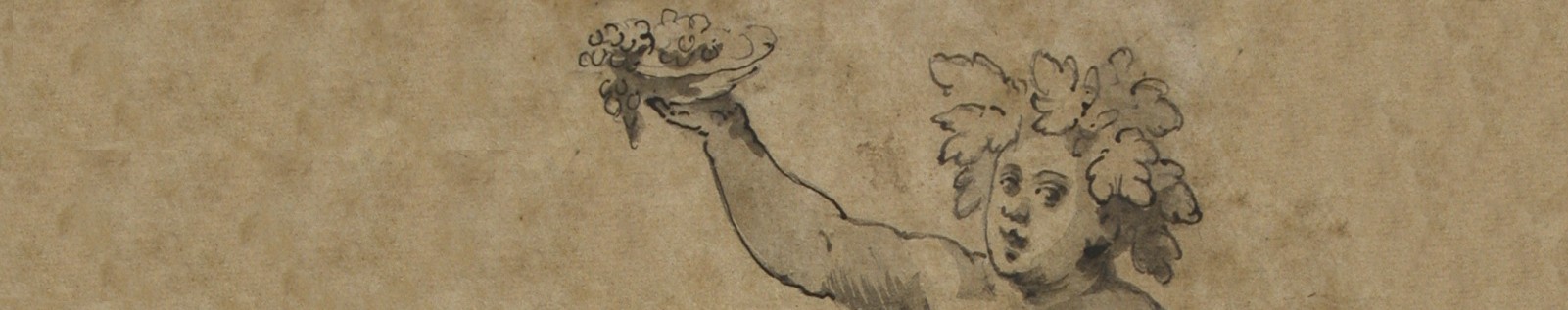Ausschnitt aus einer Zeichnung des Bacchus, sitzend auf einem Weinfass mit einer Schale Trauben in der Hand.