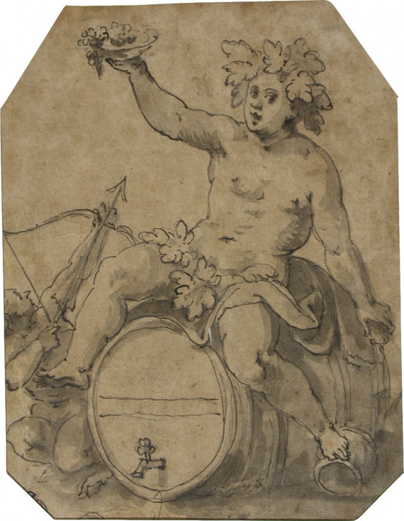 Zeichnung des Bacchus, sitzend auf einem Weinfass mit einer Schale Trauben in der Hand.