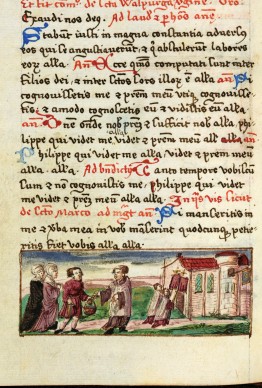 Foto einer Seite aus dem Gebetbuch: in den oberen zwei Drittel steht etwas in alter Schrift, darunter ist eine bunte Zeichnung von einem Mönch, der mit drei Menschen redet, rechts von ihm ist ein Stadttor/eine Burg zu erkennen. 