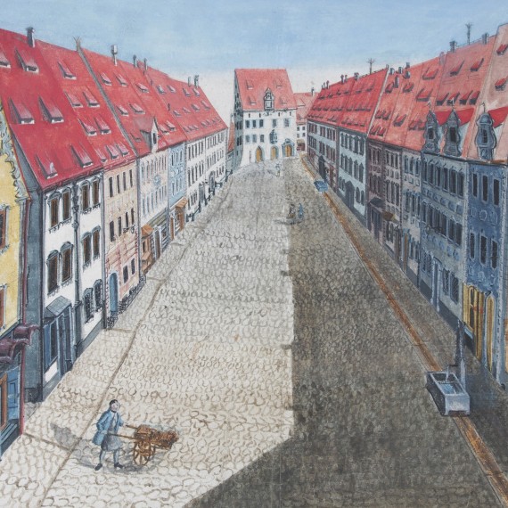 Aquarell der Kaiser-Max-Straße mit altem Rathaus