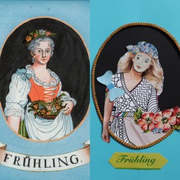 Nachstellung des Hinterglasbildes: Original links, Nachstellung rechts. Collage aus Zeitungsausschnitten einer Frau im Kleid mit Blumenkranz im Haar und Blumenkorb in der Hand und einer Schleife am Arm