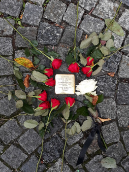 Stolperstein Georg Riedels, umgeben von roten Rosen