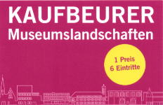 Museumskarte der Kaufbeurer Museumslandschaften, 1 Preis 6 Eintritte, weiße Umrisse von Häuser auf rosa Hintergrund