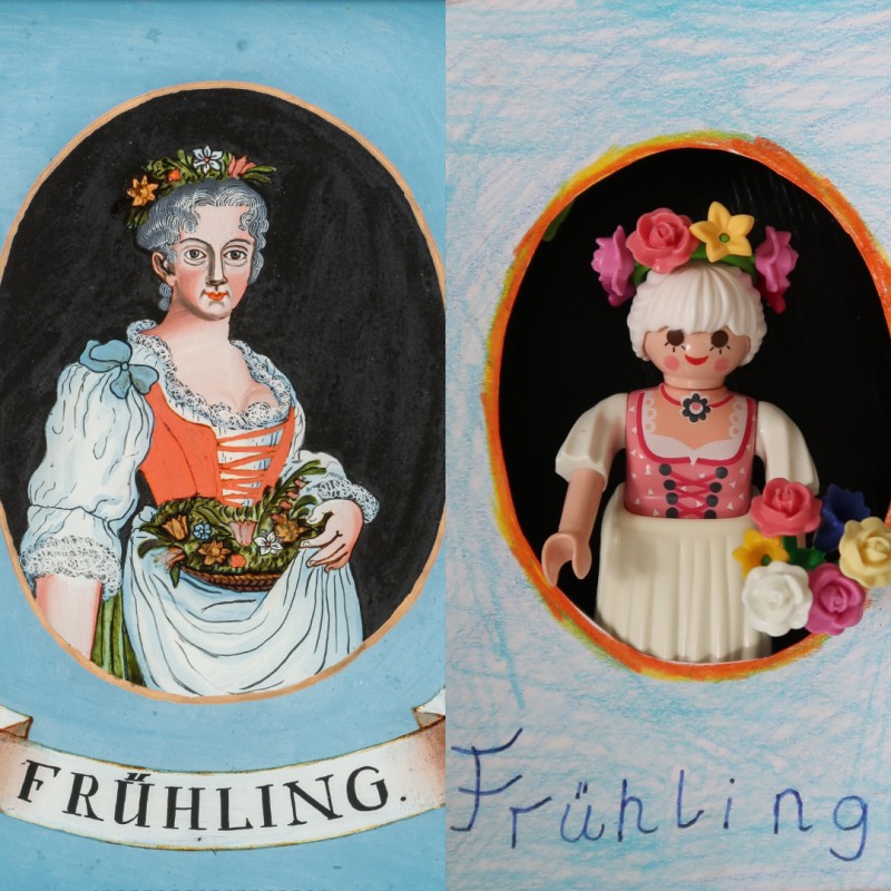 Links: Hinterglasbild &quot; Der Frühling&quot;, rechts : nachgemachtes Bild &quot;Der Frühling&quot; mit  Playmobulfigur 