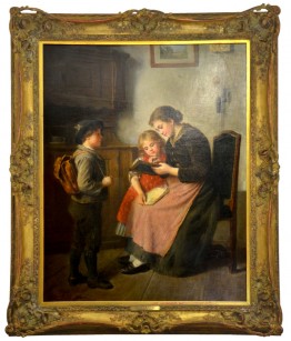 Gemälde einer Stube, in der eine junge Frau zwei Kindern aus einem Buch vorliest. Ein Junge mit Rucksack steht vor ihr und lauscht, ein kleines Mädchen spitzelt mit in das Buch.