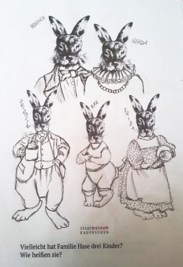 Collage aus dem mehrfach abgedruckten Hasenkopf und menschlicher Unterkörper: bspw. in einem Kleid mit Schürze oder mit Halskrause