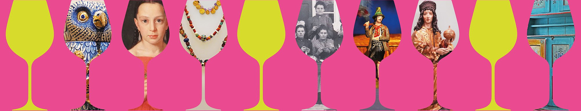 Umriss von zehn Weingläser auf rosa Hintergrund, in den Weingläser verschiedene historische Motive